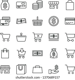 thin line vector icon set - paper bag vector, grocery basket, bank card, cart, put in, crossed, with handles, cards, kiosk, coins, stall, shopping, front of the, dollar, get a wage, money, dollars