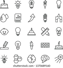 thin line vector icon set - matte light bulb vector, children's hairdo, box of bricks, cake, birthday, brickwork, writing accessories, drawing, honeycombs, drop, energy saving, book on statistics