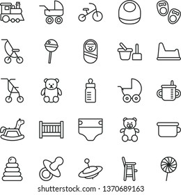 thin line vector icon set - baby cot vector, dummy, mug for feeding, bottle, diaper, bib, stroller, carriage, summer, sitting, stacking rings, roly poly doll, toy sand set, children's potty, chair