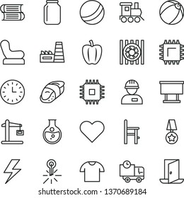 thin line vector icon set - lightning vector, Baby chair, bath ball, a for feeding, toy train, books, workman, heart, delivery, T shirt, sushi, Bell pepper, round flask, thermal power plant, smd