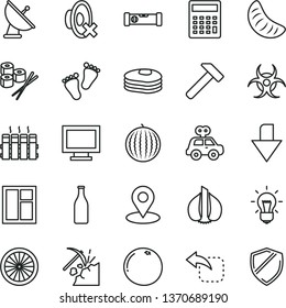 thin line vector icon set - monitor window vector, downward direction, silent mode, calculator, motor vehicle present, footprints, construction level, radiator, hammer, move left, sushi set, garlic