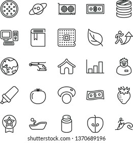 thin line vector icon set - book vector, powder, children's bathroom, tasty apple, strawberry, half of passion fruit, persimmon, mashroom, leaf, planet, processor, column coins, text highlighter