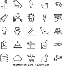 thin line vector icon set - remove label vector, growth chart, upload archive data, car child seat, e, teddy bear, birthday cake, building trolley, ladder, index finger, big, put in cart, light bulb
