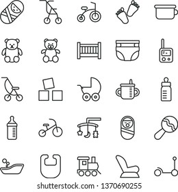 thin line vector icon set - baby cot vector, toys over the cradle, mug for feeding, bottle, measuring, nappy, bib, beanbag, car child seat, stroller, summer, sitting, children's bathroom, tumbler