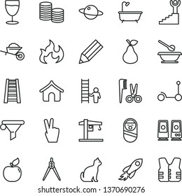 thin line vector icon set - accessories for a hairstyle vector, roly poly doll, plates and spoons, Kick scooter, crane, garden trolley, stepladder, bath, planet, glass, pear, apricot, water filter