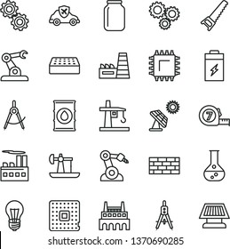 thin line vector icon set - brickwork vector, hand saw, long meashuring tape, brick, charging battery, big solar panel, oil derrick, flask, bulb, industrial building, thermal power plant, factory