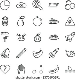 thin line vector icon set - paint roller vector, danger of electricity, graphite pencil, zoom, pie chart, Kick scooter, bell, broken heart, onion, cake slice, chicken, fried potato slices, pear, CO2