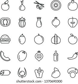thin line vector icon set - measuring bottle for feeding vector, sausage, burger, peper, Chinese chopsticks, pomegranate, apricot, tasty apple, rose hip, medlar, half of, slice melon, tangerine