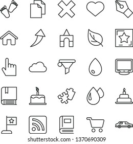 thin line vector icon set - heart symbol vector, clean paper, cross, rss feed, children's tracks, box of bricks, birthday cake, Puzzle, e, house, index finger, drop, leaf, shopping cart, monitor