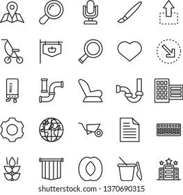 thin line vector icon set - heart symbol vector, tassel, desktop microphone, scribbled paper, car child seat, summer stroller, children's sand set, building trolley, sewerage, city block, map, mint