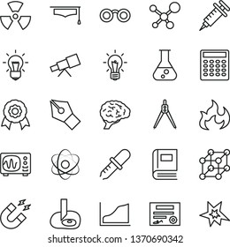 thin line vector icon set - flask vector, telescope, molecule, atom, glasses, nuclear, bulb, brain, book, pipette, oscilloscope, magnet, flame, graduate hat, calculator, drawing compass, medal, bang