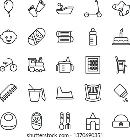 thin line vector icon set - cradle vector, measuring cup for feeding, new abacus, bottle, baby powder, bib, children's bathroom, comb, Knitted Socks, roly poly doll, tumbler, sand set, potty chair