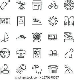 thin line vector icon set - earth vector, camper, bike, identity card, passport, plane ticket, rolling case, arrival, arnchair under umbrella, sun, palm tree, disco ball, pool, aquapark, restaurant