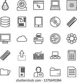 thin line vector icon set - monitor vector, keyboard, folder, CD, big data, operator, move up, part of guava, processor, scheme, calculator, tablet pc, notebook, fan, tower, motherboard, memory