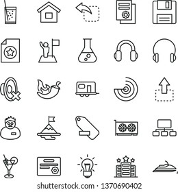 thin line vector icon set - silent mode vector, remove label, dwelling, headphones, move up, left, chili, a glass of soda, scheme, scientific publication, gpu card, floppy, flask, bulb, scientist