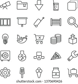 thin line vector icon set - repair key vector, downward direction, magnifier, folder bookmark, baby cot, cogwheel, window frame, strongbox, crossed cart, coins, copy, unpacking, piece of pizza, cone