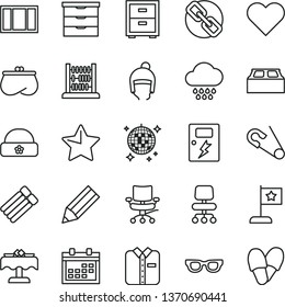 thin line vector icon set - calendar vector, spectacles, bedside table, storage unit, open pin, cloud, winter hat, warm, abacus, window frame, building block, dangers, star, heart, folded shirt