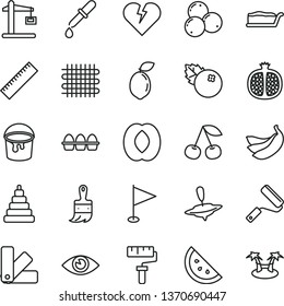 thin line vector icon set - paint roller vector, yardstick, pennant, stacking toy, small yule, bucket, new, color samples, wooden brush, broken heart, eye, bundle of eggs, cake slice, blueberries