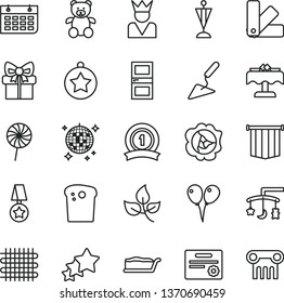 thin line vector icon set - toys over the cradle vector, teddy bear, colored air balloons, building trowel, color samples, interroom door, Easter cake, slice, lollipop, squash, leaves, weaving, gift