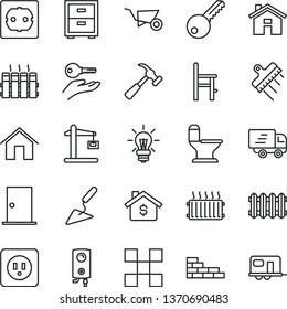 thin line vector icon set - house vector, bedside table, a chair for feeding, brick wall, building trolley, trowel, comfortable toilet, power socket type b, f, key, ntrance door, tile, spatula, new