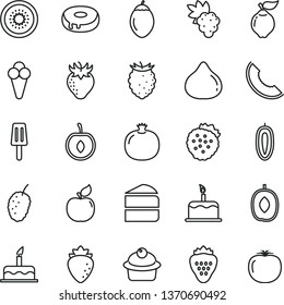 thin line vector icon set - cake vector, muffin, piece of, with a hole, popsicle, cone, strawberry, strawberries, pomegranate, grape, quince, apricot, raspberry, fig, tasty, mulberry, slice melon