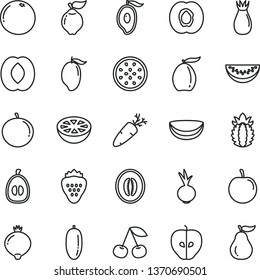 thin line vector icon set - beet vector, carrot, strawberry, cherry, half apricot, quince, tasty apple, rose hip, medlar, mango, of, loquat, peach, melon, water slice, date fruit, tangerine, plum