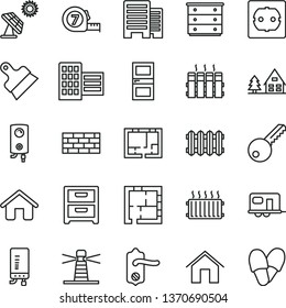 thin line vector icon set - chest of drawers vector, house, brickwork, long meashuring tape, laying out, lay flat, power socket type f, key, door knob, interroom, buildings, city block, putty knife