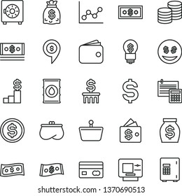 thin line vector icon set - graph vector, calculation, strongbox, coins, oil, shopping basket, reverse side of a bank card, denomination the dollar, wallet, purse, money, dollars, cash, pedestal