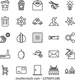 thin line vector icon set - a chair for feeding child vector, garden trolley, ntrance door, construction level, temperature, received letter, pass card, Chinese chopsticks, cup of popcorn, garlic