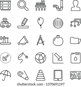 thin line vector icon set - magnifier vector, woman, horn, negative chart, toys over the cot, chest of drawers, open pin, stacking rings, motor vehicle present, balloon, siphon, drawing, umbrella
