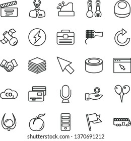 thin line vector icon set - clockwise vector, movie cracker, baby bib, plastic fork spoons, colored air balloons, portfolio, microphone, flag, pile, cards, canned goods, noodles, ripe peach, CO2