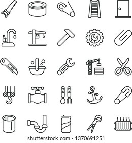 thin line vector icon set - scissors vector, safety pin, open, iron fork spoons, crane, tower, winch hook, adjustable wrench, hand saw, stepladder, sewerage, ntrance door, gear, stationery knife