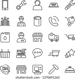 thin line vector icon set - builder vector, workman, building trolley, hammer, speech, smartphone, delivery, 24, phone call, shipment, battery, canister of oil, pipes, steel repair key, kiosk, stall