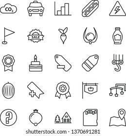 thin line vector icon set - danger of electricity vector, add bookmark, remove label, pennant, negative histogram, question, toys over the cot, winch hook, car, Hot Dog, birthday cake, bottle, melon