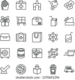 thin line vector icon set - cargo trolley vector, first aid kit, medical bag, e, packing of juice with a straw, box bricks, drawer, strongbox, handles, cardboard, shipment, unpacking, tin, pizza