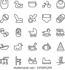 thin line vector icon set - toys over the cradle vector, dummy, mug for feeding, diaper, bib, baby, beanbag, car child seat, stroller, rubber duck, duckling, children's bathroom, stacking toy, potty