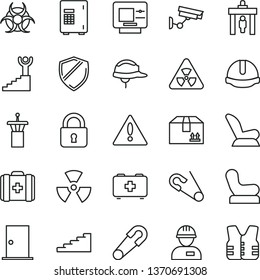 thin line vector icon set - warning vector, Baby chair, car child seat, safety pin, open, bag of a paramedic, medical, workman, ntrance door, construction helmet, lock, cardboard box, nuclear, atm