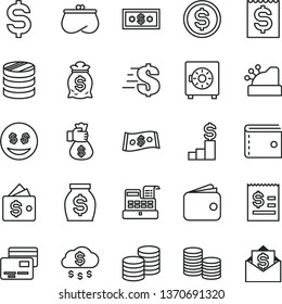 thin line vector icon set - purse vector, dollar, strongbox, cards, coins, column of, denomination the, article on, financial item, wallet, money, cash machine, cashbox, bag hand, rain, pedestal