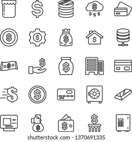 thin line vector icon set - dollar vector, buildings, big data server, strongbox, jam, reverse side of a bank card, front the, column coins, denomination, get wage, money, dollars, gold bar, rain