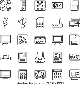 thin line vector icon set - floppy disk vector, monitor, window, bank card, rss feed, lightning, screen, cards, math actions, processor, SIM, calculator, engineer, pc power supply, tower, usb, atm