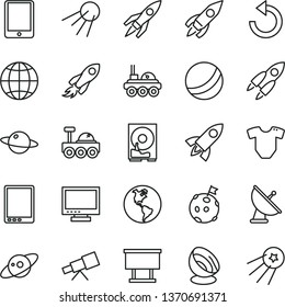 thin line vector icon set - monitor vector, counterclockwise, t short, bath ball, earth, artificial satellite, planet, billboard, rocket, space, tablet pc, hdd, telescope, antenna, saturn, first