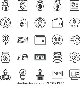 thin line vector icon set - purse vector, dollar, column of coins, article on the, financial item, wallet, money, dollars, cash, bag hand, rain, coin, gear, idea, eyes, growth, pin, atm