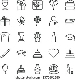 thin line vector icon set - tassel vector, colored air balloons, balloon, cake, birthday, heart, gift, square academic hat, Easter, piece of, slice, lollipop, glass, bottle, giftbox, gold cup, star