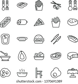 thin line vector icon set - plates and spoons vector, a chair for feeding, plastic fork, iron, sausage, stick of, cheese, piece pizza, Hot Dog, mini, burger, porridge, lettuce in plate, bacon, chop