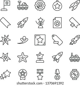 thin line vector icon set - add bookmark vector, remove label, star gear, rocket, space, lunar rover, bang, cup, reward, medal, flag, hero, certificate, three stars, flying man, starfish, compass