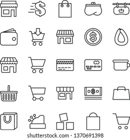 thin line vector icon set - paper bag vector, grocery basket, bank card, dollar, children's potty, cubes for children, cart, put in, with handles, kiosk, stick of sausage, stall, front the, wallet