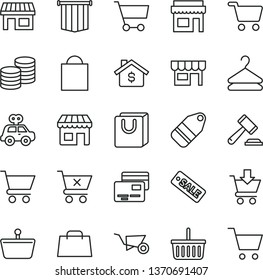 thin line vector icon set - paper bag vector, grocery basket, hammer of a judge, motor vehicle present, building trolley, cart, put in, crossed, with handles, cards, kiosk, coins, hanger, label