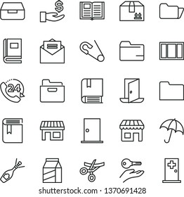 thin line vector icon set - folder vector, book, open pin, e, window frame, ntrance door, received letter, umbrella, drawer, cardboard box, 24, package, kiosk, stall, get a wage, arm with key, exit