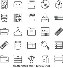thin line vector icon set - folder vector, bookmark, storage unit, chest of drawers, key, CD, big data server, suitcase, put in a box, drawer, package, hanger, unpacking, barrel, radiator fan, hdd