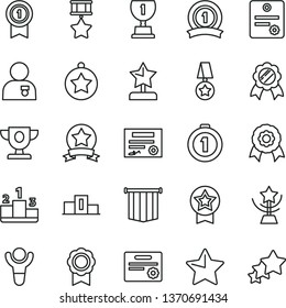 thin line vector icon set - star vector, pedestal, medal, patente, winner, prize, award, cup, reward, man with, first place, pennant, ribbon, hero, certificate, flag, three stars